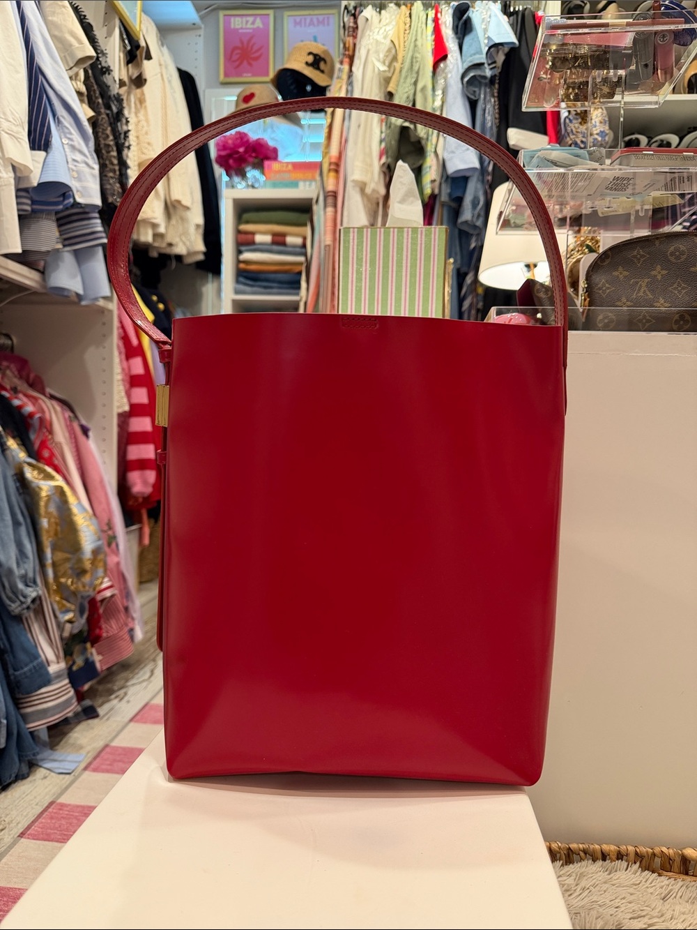 J. Crew Red LEATHER Bucket Tote with Single Top Handle -excellent condition